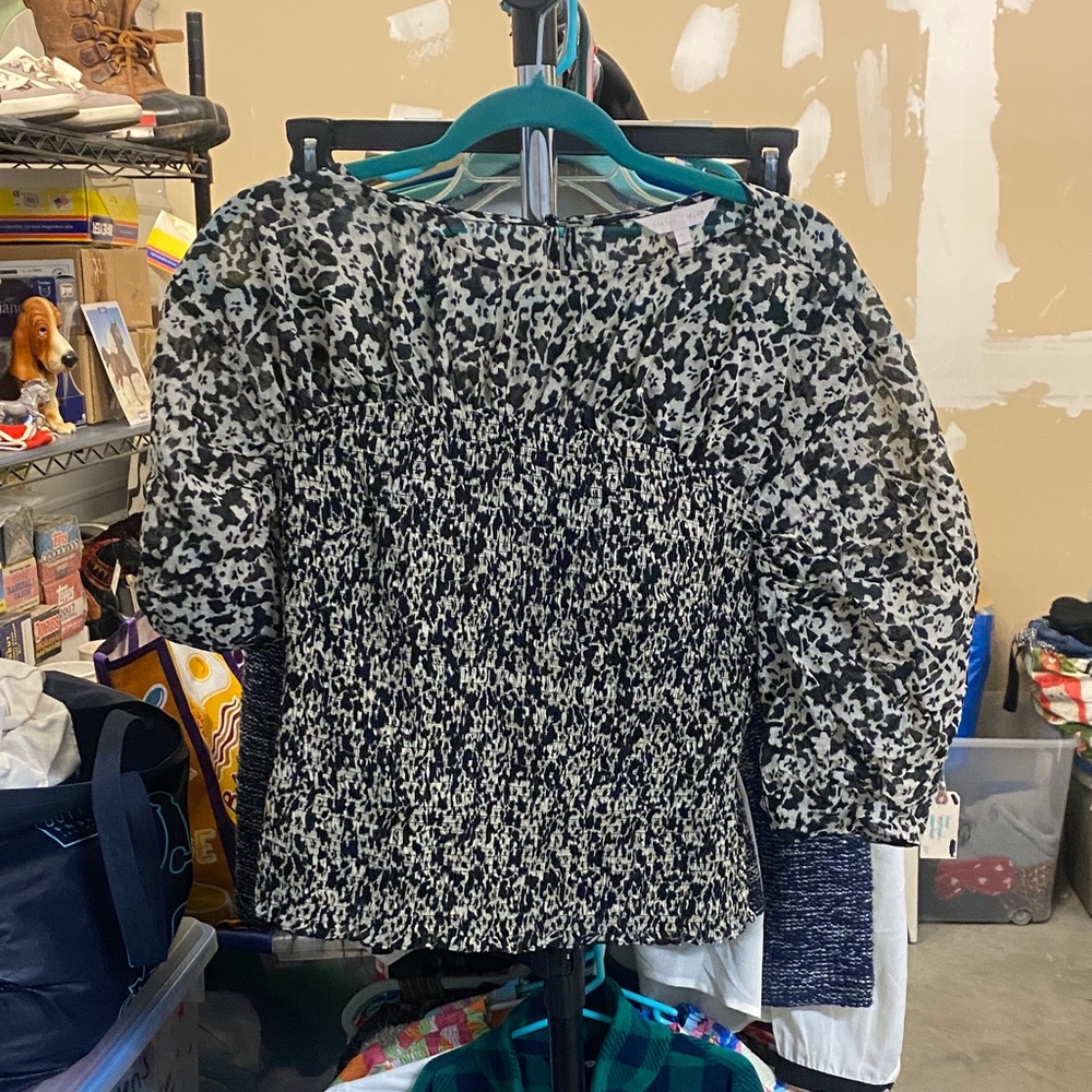 Rebecca Taylor Black and White Smocked Puff Sleeve Top